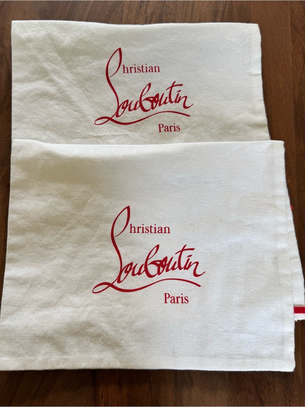 Christian Louboutin White Dust Bags with Red Logo & Red drawstring (pair)